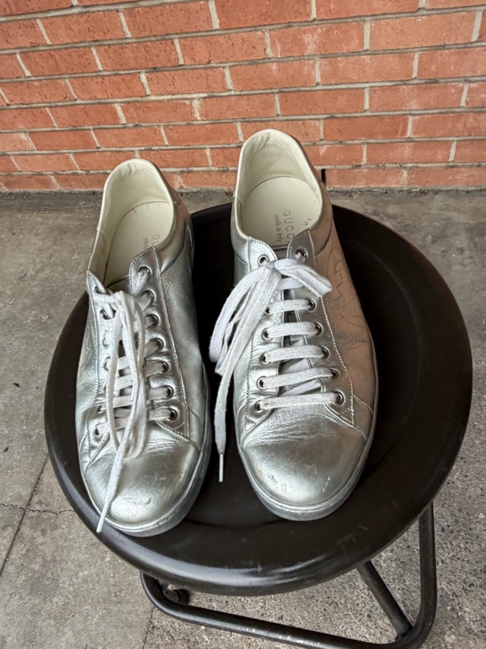 Gucci Ace Metallic Silver Leather Low-Top Sneaker - Picture 2 of 10